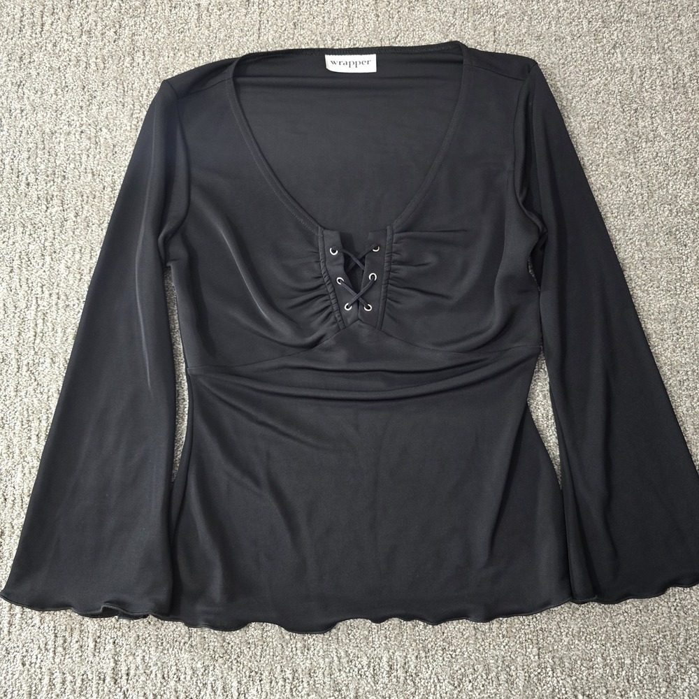 Wrapper Black Lace Up Bell Sleeve Top Women's Medium Goth Y2K Stretch Blouse